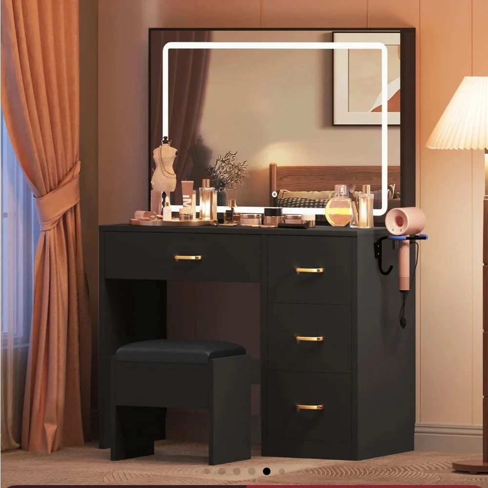Black Vanity Table with Mirror and Stool